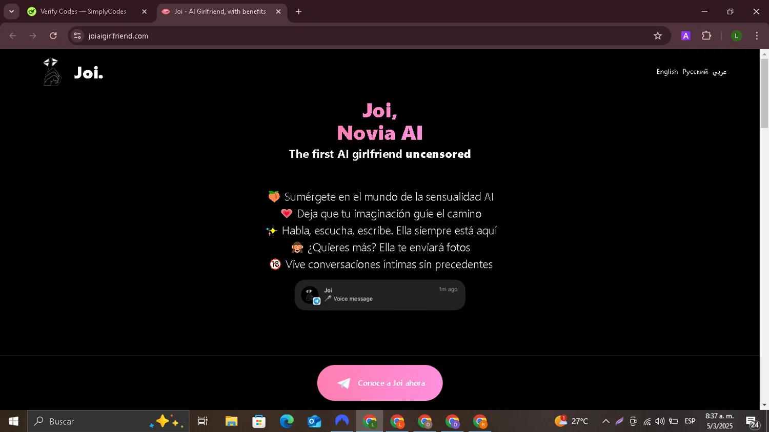 Joi Al Girlfriend promo code screenshot showing code SPRING applied at Joi Al Girlfriend checkout page. Uploaded by SimplyCodes community member GloriousEagle7444 on Mar 5, 2025