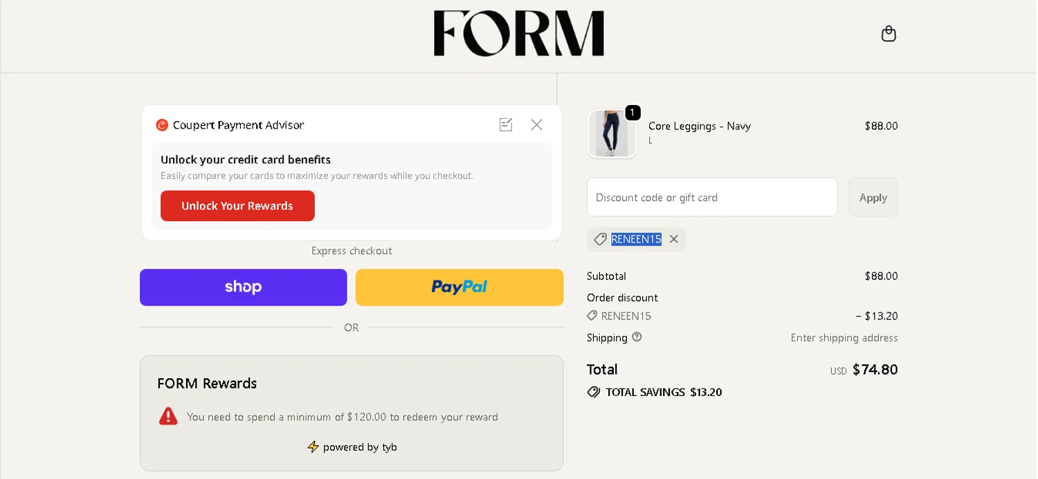FORM discount code screenshot showing code RENEEN15 applied at FORM checkout page. Uploaded by SimplyCodes community member shark12 on Dec 14, 2025