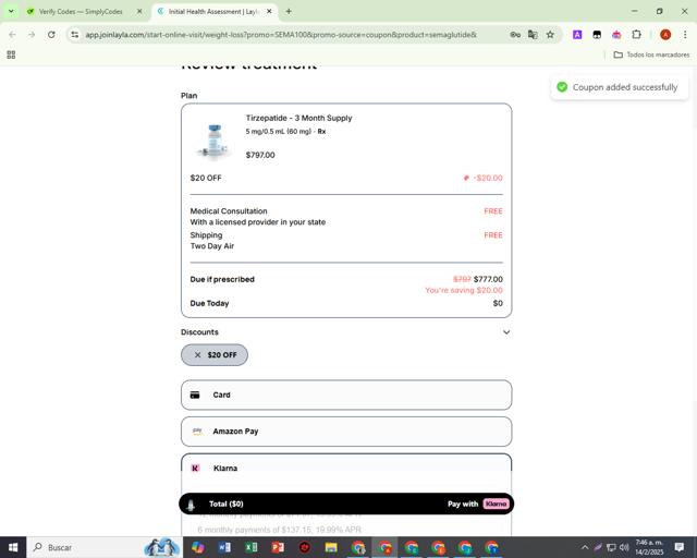 Layla checkout page showing Layla coupon code box | Screenshot taken by SimplyCodes community member on Feb 14, 2025