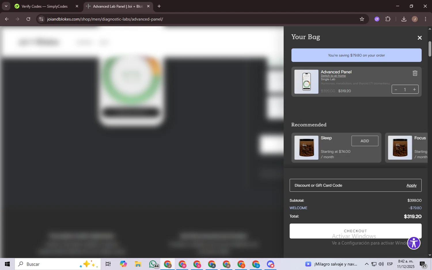 Joi + Blokes promo code screenshot showing code WELCOME applied at Joi + Blokes checkout page. Uploaded by SimplyCodes community member CrownChaser949 on Dec 11, 2025
