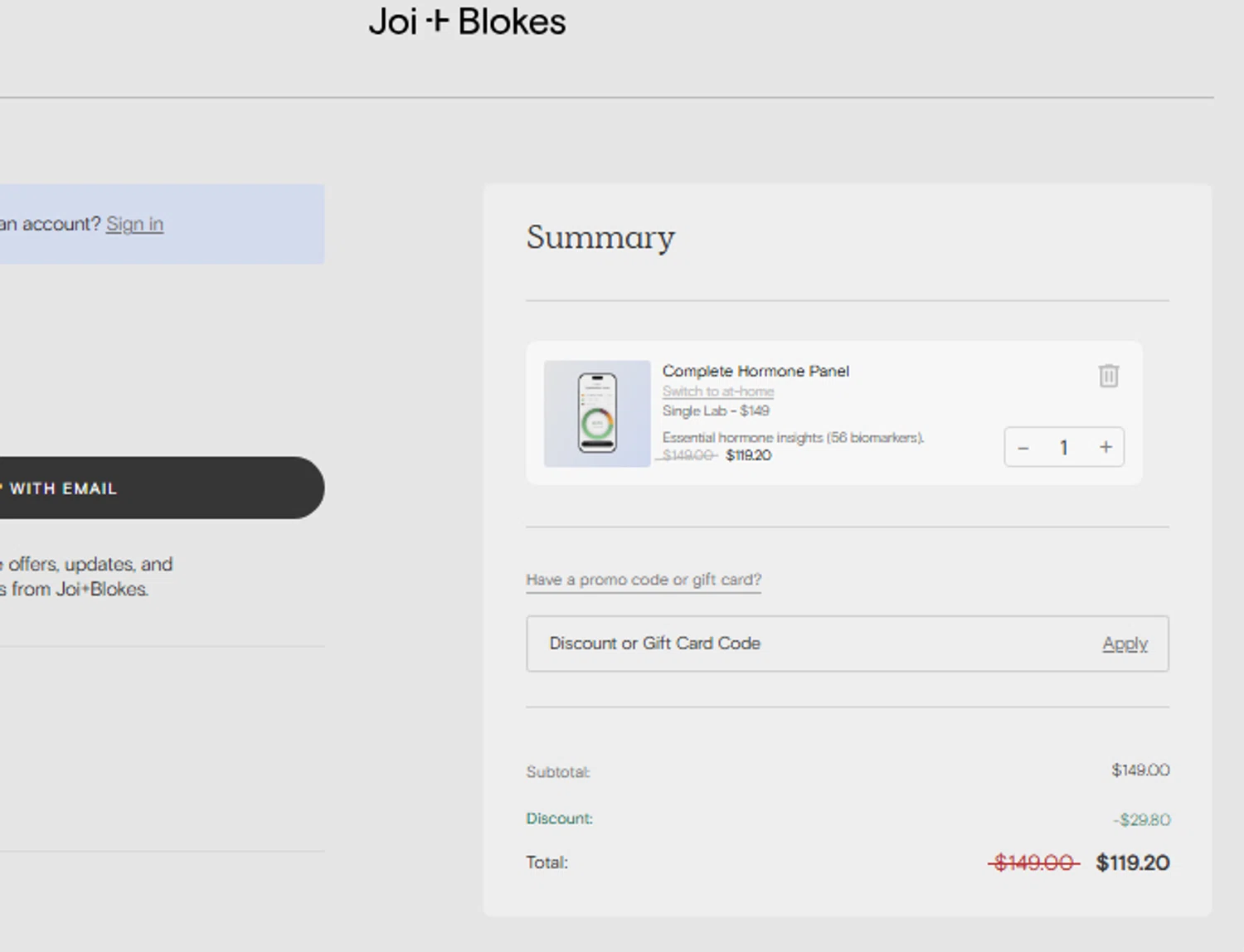 Joi + Blokes promo code screenshot showing code WELCOME applied at Joi + Blokes checkout page. Uploaded by SimplyCodes community member PennyScout6137 on Aug 9, 2025