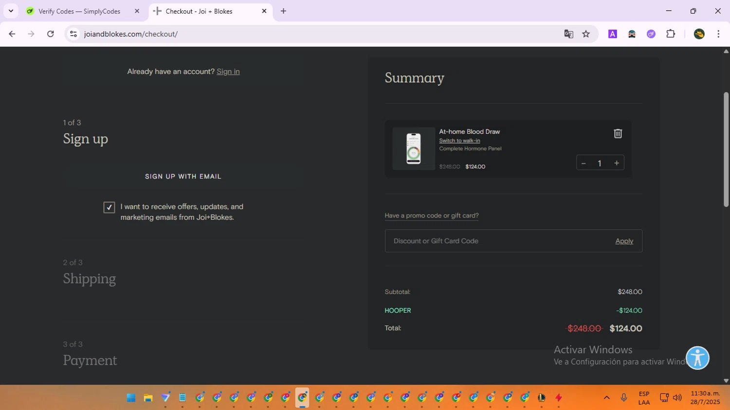 Joi + Blokes promo code screenshot showing code HOOPER applied at Joi + Blokes checkout page. Uploaded by SimplyCodes community member RewardNavigator9728 on Jul 28, 2025