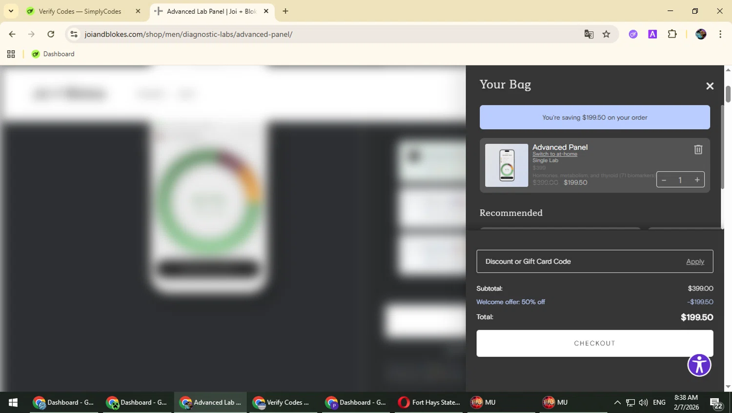 Joi + Blokes checkout page showing Joi + Blokes promo code box | Screenshot taken by SimplyCodes community member on Feb 7, 2026