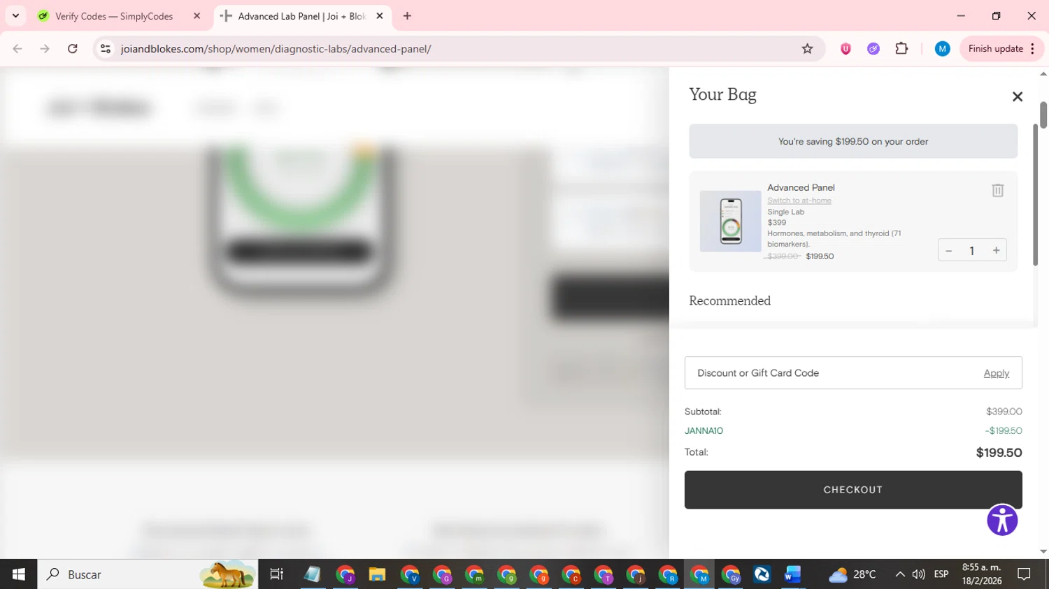 Joi + Blokes checkout page showing Joi + Blokes promo code box | Screenshot taken by SimplyCodes community member on Feb 18, 2026
