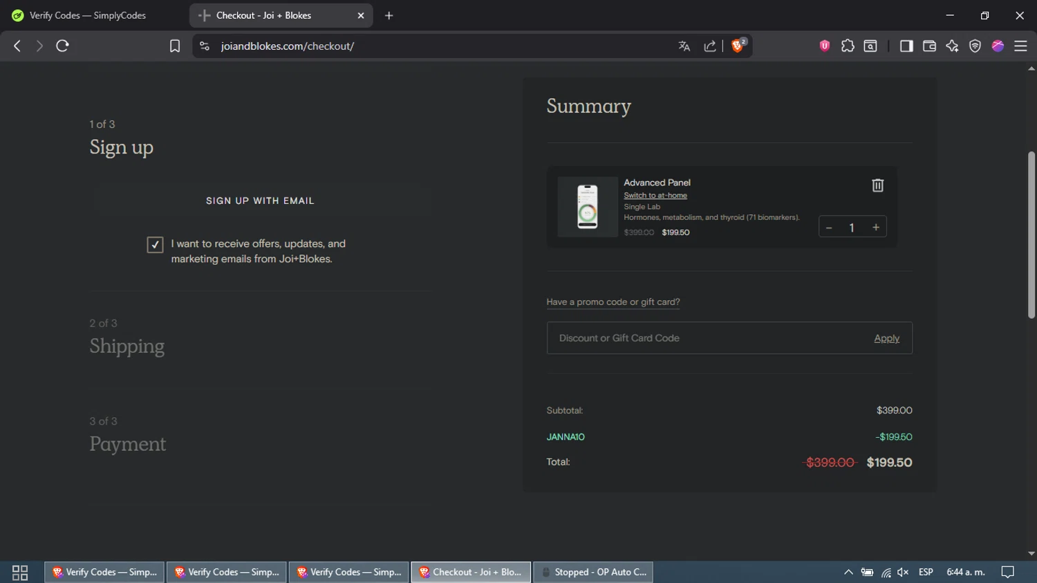 Joi + Blokes promo code screenshot showing code JANNA10 applied at Joi + Blokes checkout page. Uploaded by SimplyCodes community member Waynesmith on Nov 14, 2025