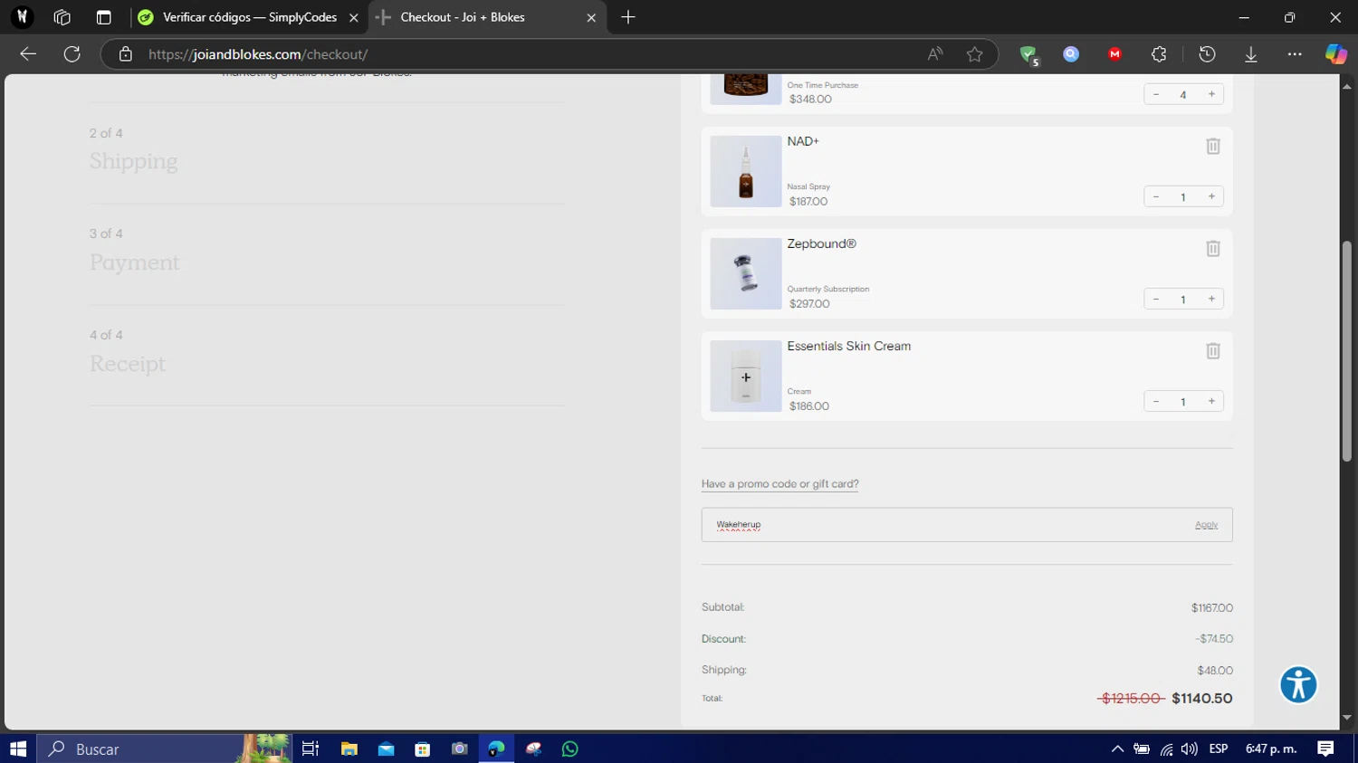 Joi Women's Wellness promo code screenshot showing code Wakeherup applied at Joi Women's Wellness checkout page. Uploaded by SimplyCodes community member LegendaryFox3474 on Apr 27, 2025