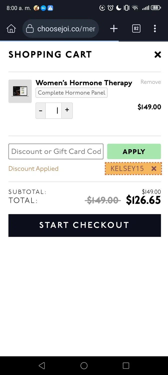 Joi Women's Wellness promo code screenshot showing code KELSEY15 applied at Joi Women's Wellness checkout page. Uploaded by SimplyCodes community member George09 on Jan 7, 2025