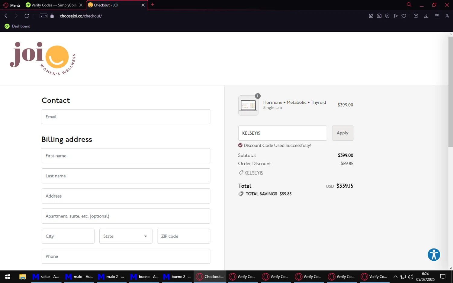 Joi Women's Wellness promo code screenshot showing code KELSEY15 applied at Joi Women's Wellness checkout page. Uploaded by SimplyCodes community member LuckyVirtuoso1831 on Feb 5, 2025