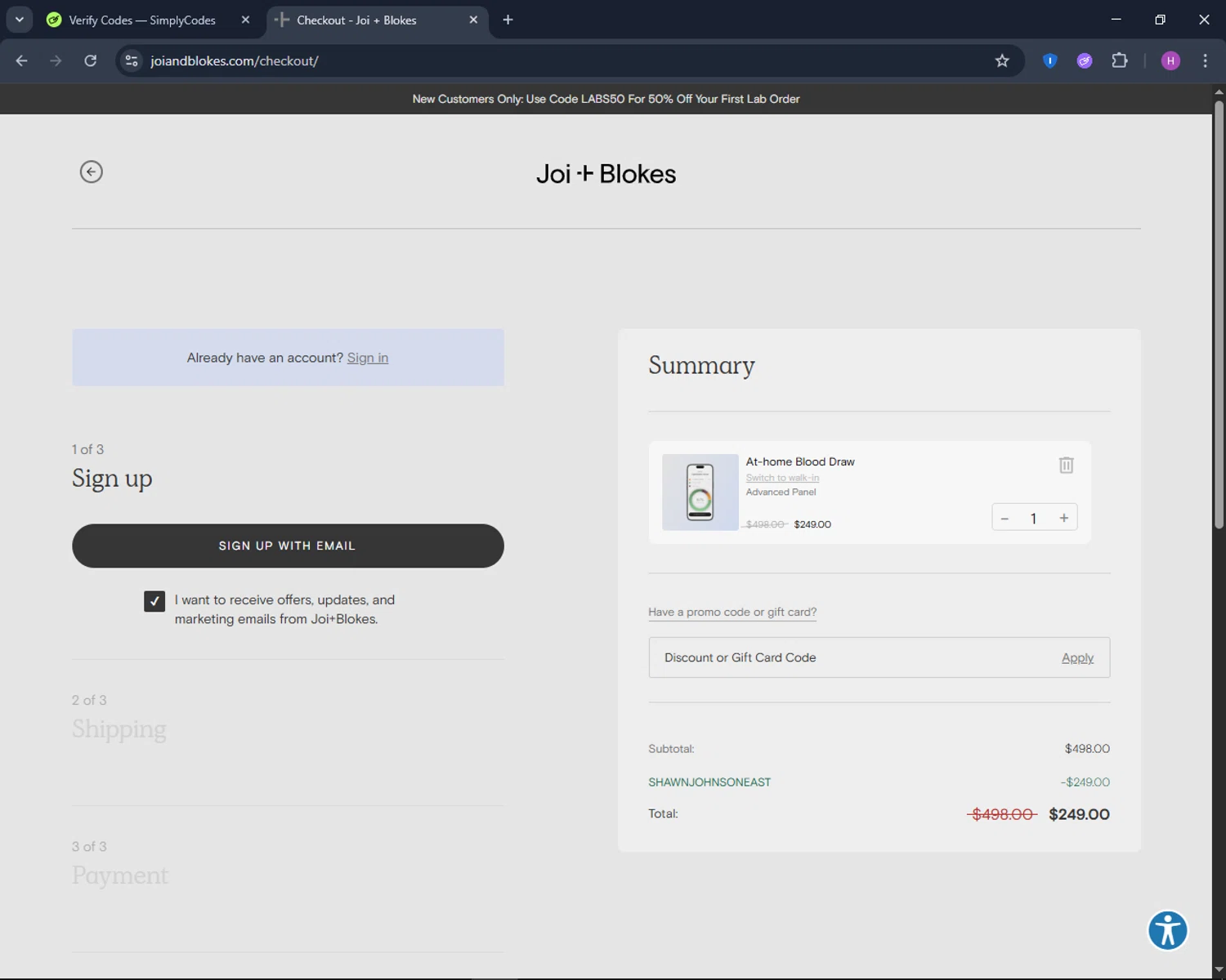 Joi Women's Wellness promo code screenshot showing code SHAWNJOHNSONEAST applied at Joi Women's Wellness checkout page. Uploaded by SimplyCodes community member TokenNavigator6891 on Oct 28, 2025