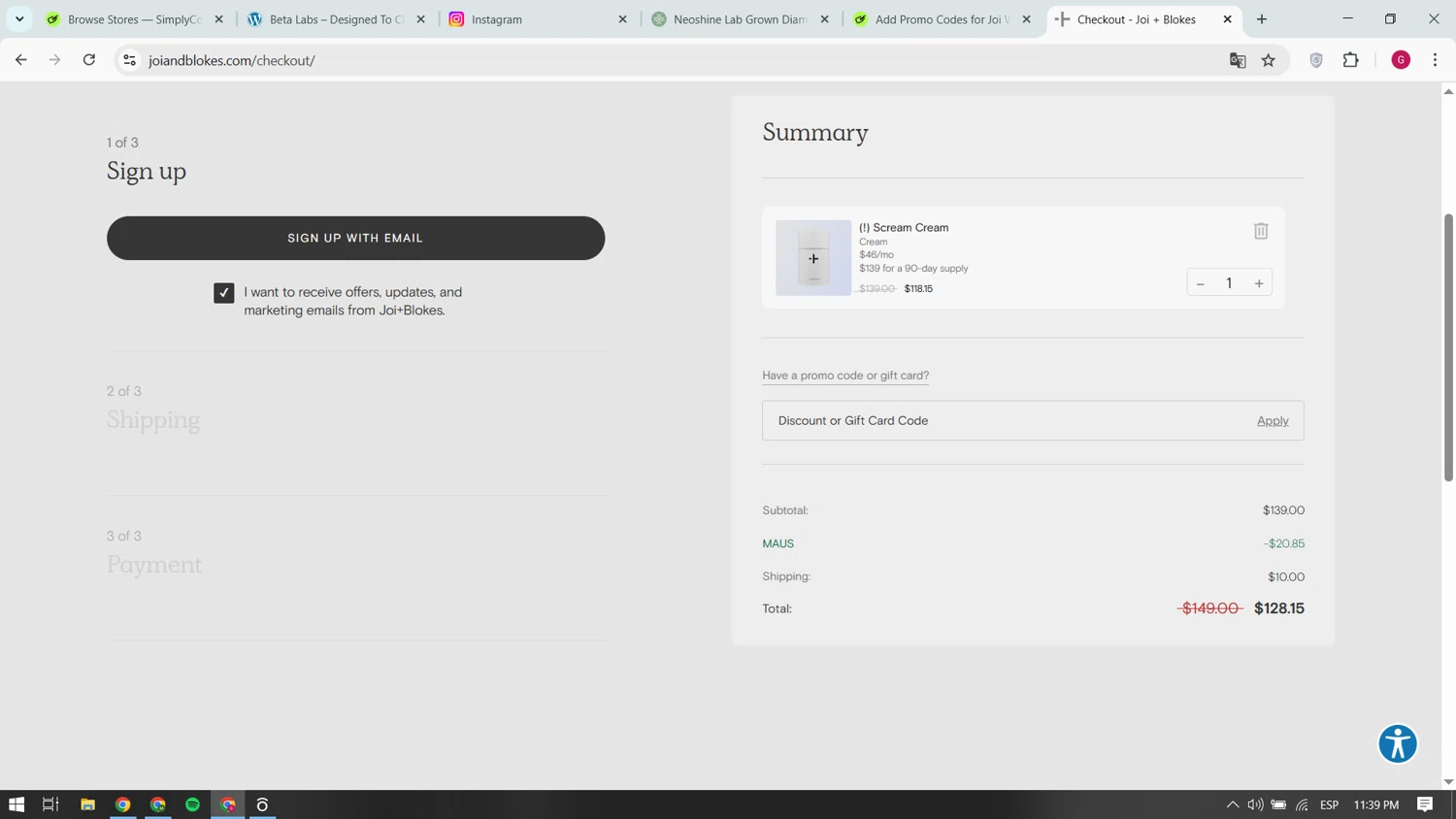Joi Women's Wellness promo code screenshot showing code MAUS applied at Joi Women's Wellness checkout page. Uploaded by SimplyCodes community member yokoono10 on Oct 28, 2025
