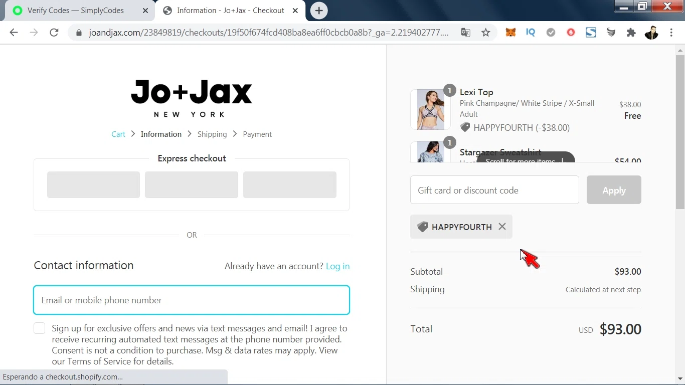 Jo+Jax checkout page showing Jo+Jax promo code box | Screenshot taken by SimplyCodes community member on Jul 2, 2020