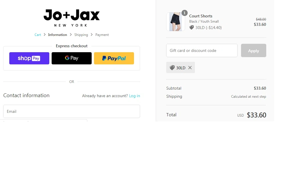 Jo+Jax checkout page showing Jo+Jax promo code box | Screenshot taken by SimplyCodes community member on Sep 2, 2020