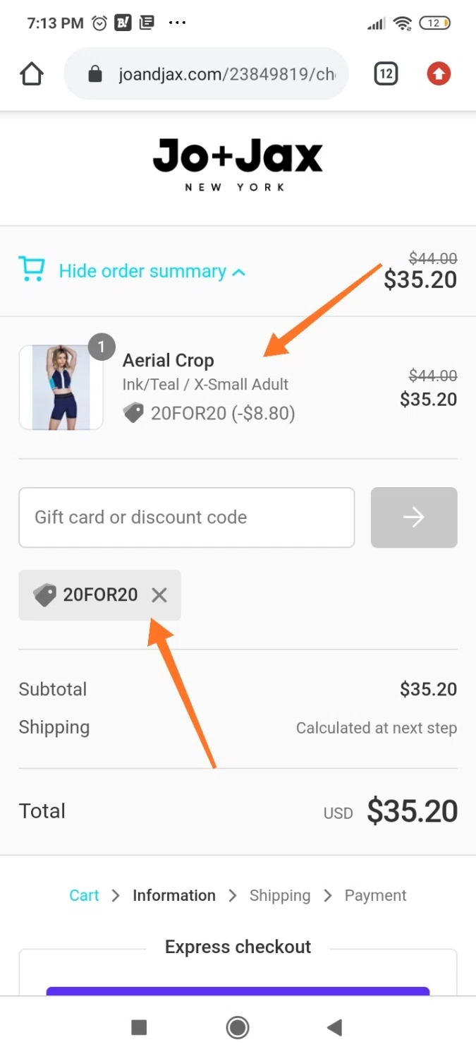 Jo+Jax checkout page showing Jo+Jax promo code box | Screenshot taken by SimplyCodes community member on Mar 10, 2021