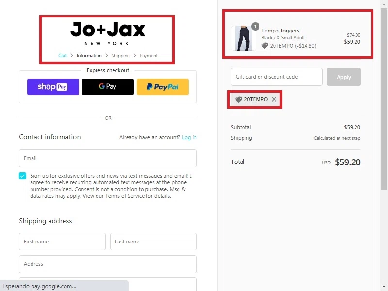 Jo+Jax checkout page showing Jo+Jax promo code box | Screenshot taken by SimplyCodes community member on Mar 30, 2021