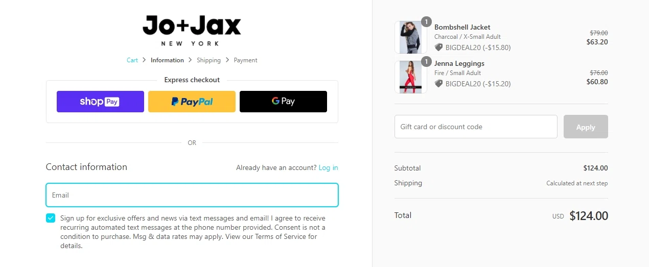 Jo+Jax checkout page showing Jo+Jax promo code box | Screenshot taken by SimplyCodes community member on Sep 1, 2021