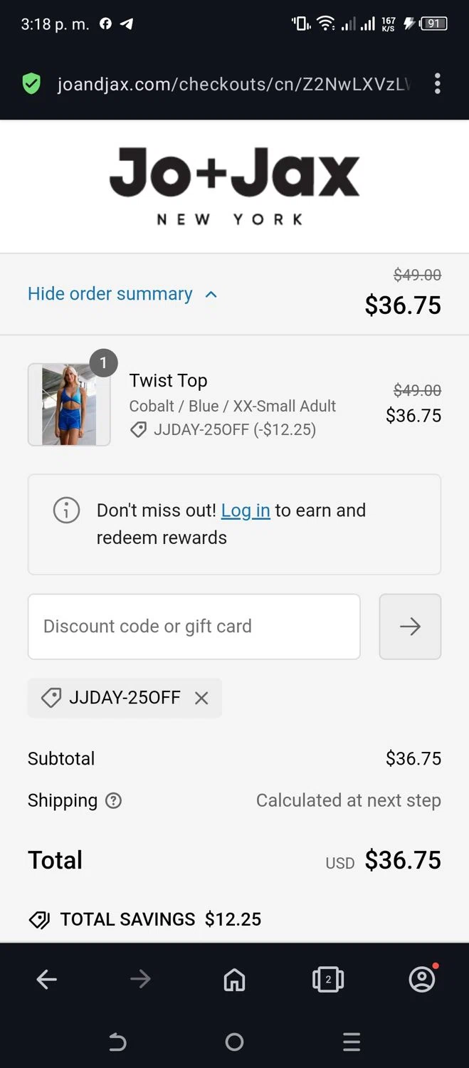 Jo+Jax checkout page showing Jo+Jax promo code box | Screenshot taken by SimplyCodes community member on Oct 5, 2024