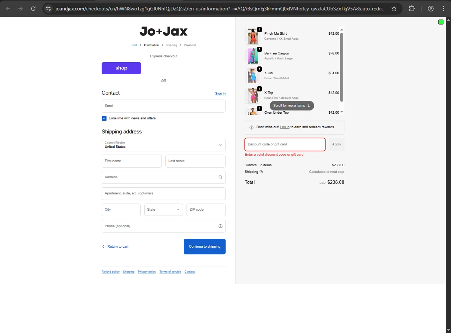 Jo+Jax promo code screenshot showing code JJDAY-25OFF applied at Jo+Jax checkout page. Uploaded by SimplyCodes community member gokuyvegetta on Feb 19, 2026