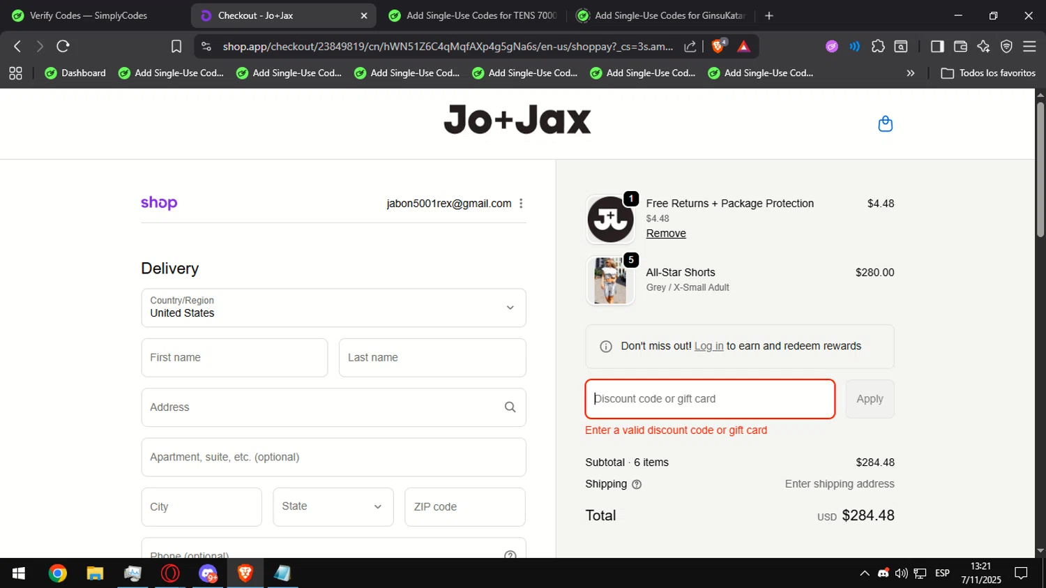 Jo+Jax promo code screenshot showing code shopfirst applied at Jo+Jax checkout page. Uploaded by SimplyCodes community member Ultrapapu on Nov 7, 2025