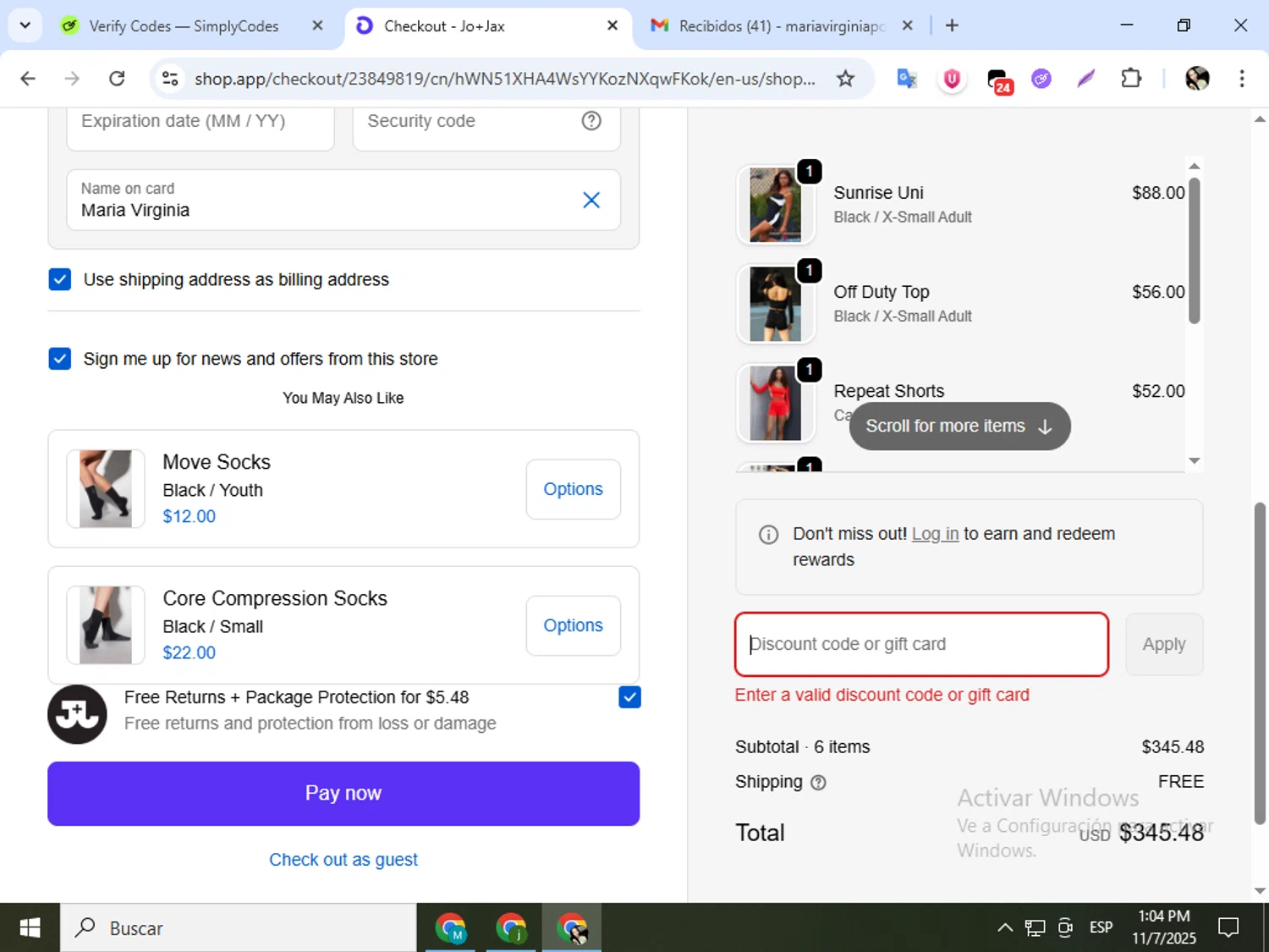 Jo+Jax promo code screenshot showing code shopfirst applied at Jo+Jax checkout page. Uploaded by SimplyCodes community member mariapolancog on Nov 7, 2025