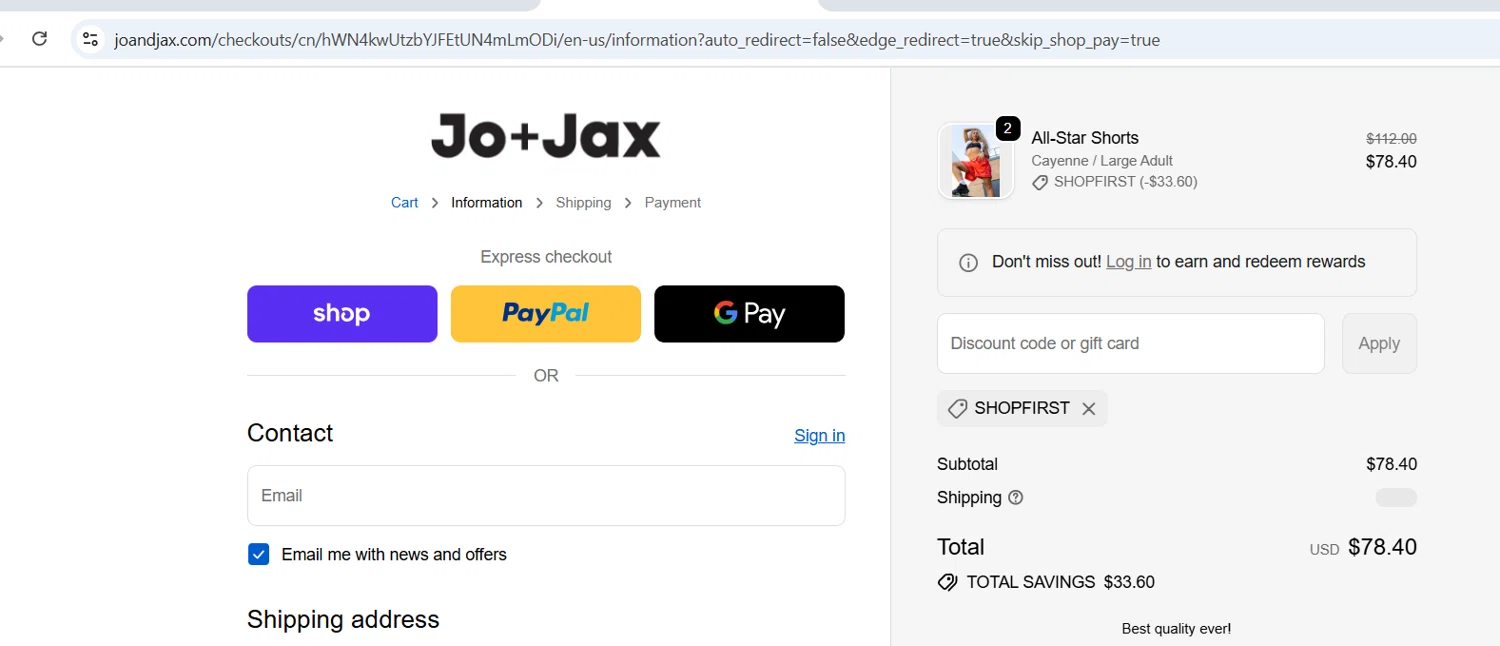 Jo+Jax promo code screenshot showing code shopfirst applied at Jo+Jax checkout page. Uploaded by SimplyCodes community member vida5254427716958 on Oct 31, 2025