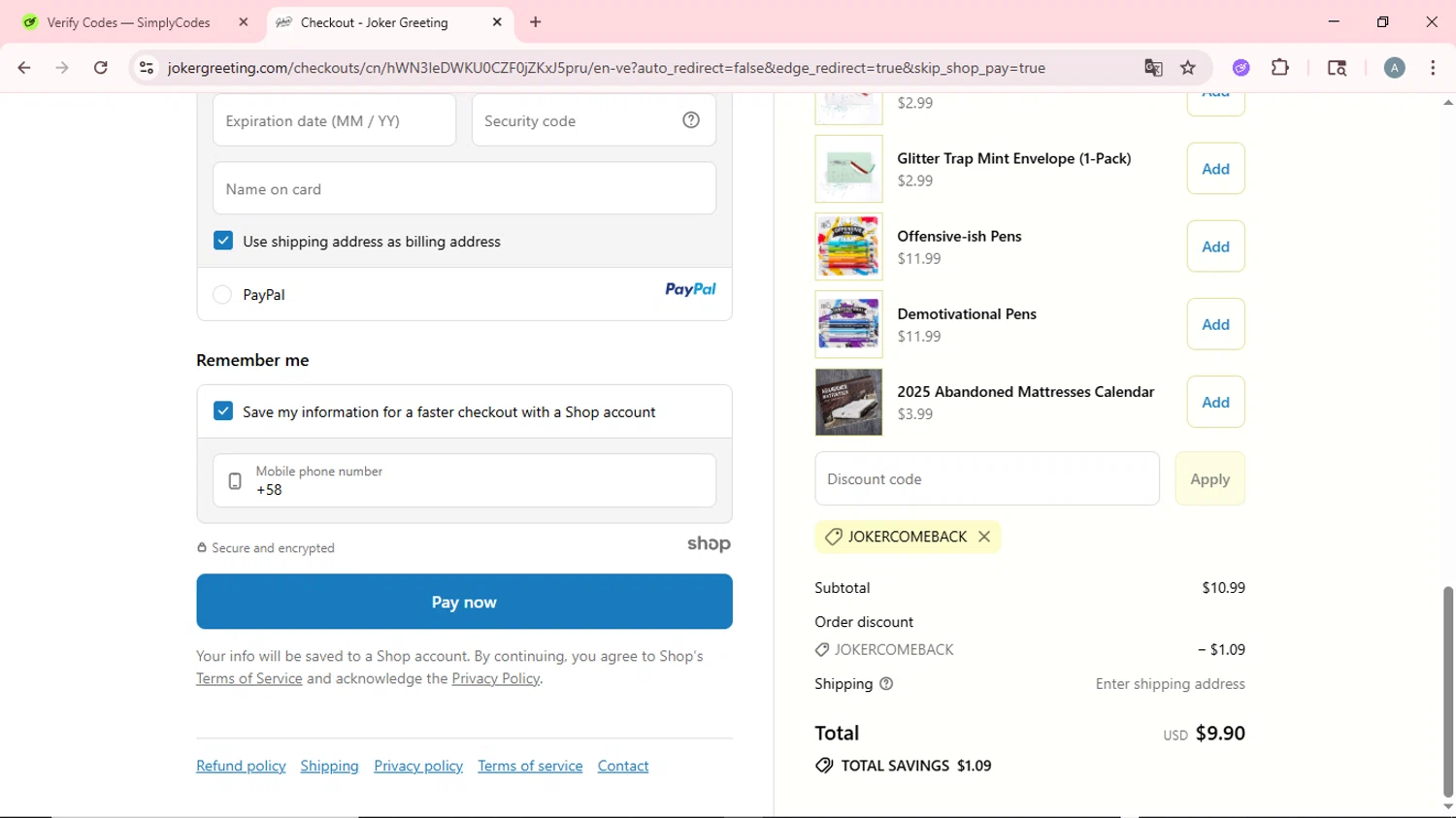 Joker Greeting discount code screenshot showing code JOKERCOMEBACK applied at Joker Greeting checkout page. Uploaded by SimplyCodes community member CrownSpotter6947 on Sep 23, 2025