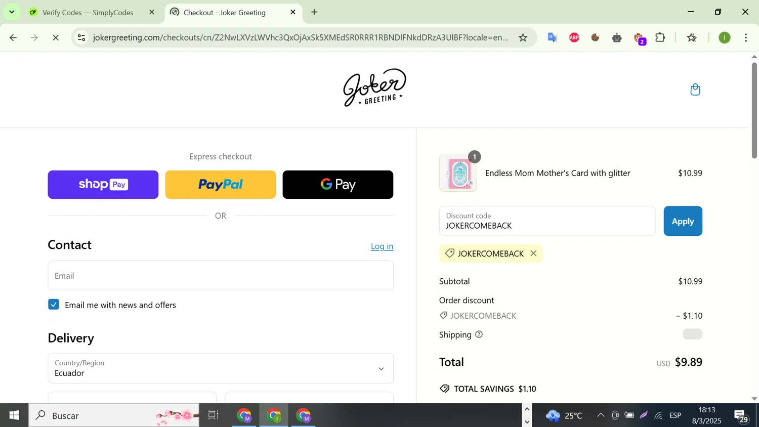 Joker Greeting discount code screenshot showing code JOKERCOMEBACK applied at Joker Greeting checkout page. Uploaded by SimplyCodes community member WonderHunter255 on Mar 8, 2025