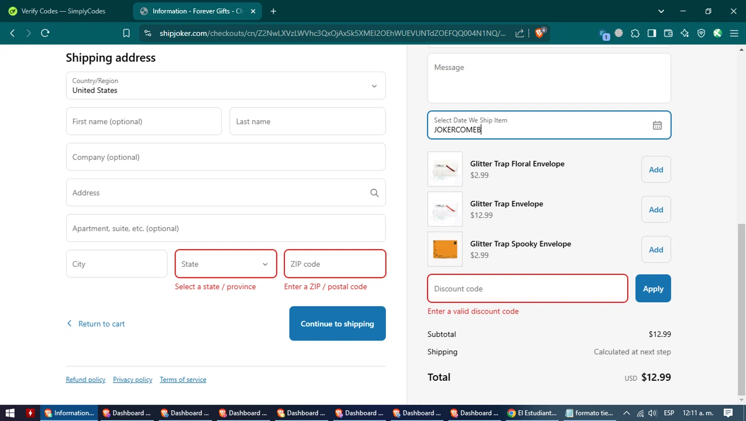 Joker Greeting discount code screenshot showing code JOKERCOMEBACK applied at Joker Greeting checkout page. Uploaded by SimplyCodes community member NobleCollector4223 on Mar 8, 2025