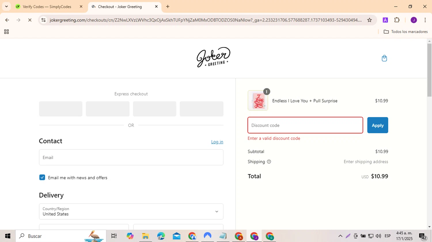 Joker Greeting discount code screenshot showing code SummerJoke24 applied at Joker Greeting checkout page. Uploaded by SimplyCodes community member SmartMonarch9718 on Jan 17, 2025