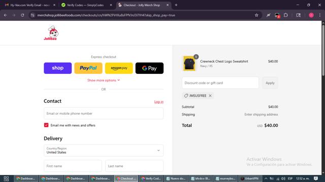 Jollibee checkout page showing Jollibee coupon code box | Screenshot taken by SimplyCodes community member on Aug 30, 2025