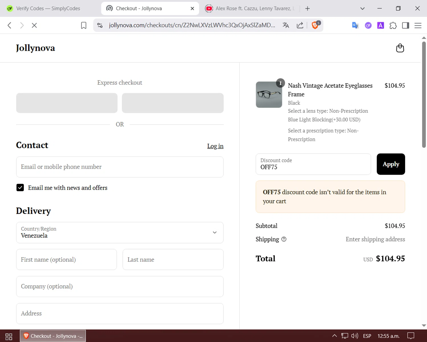 Jollynova discount code screenshot showing code OFF75 applied at Jollynova checkout page. Uploaded by SimplyCodes community member LuckyPilot205 on May 23, 2025
