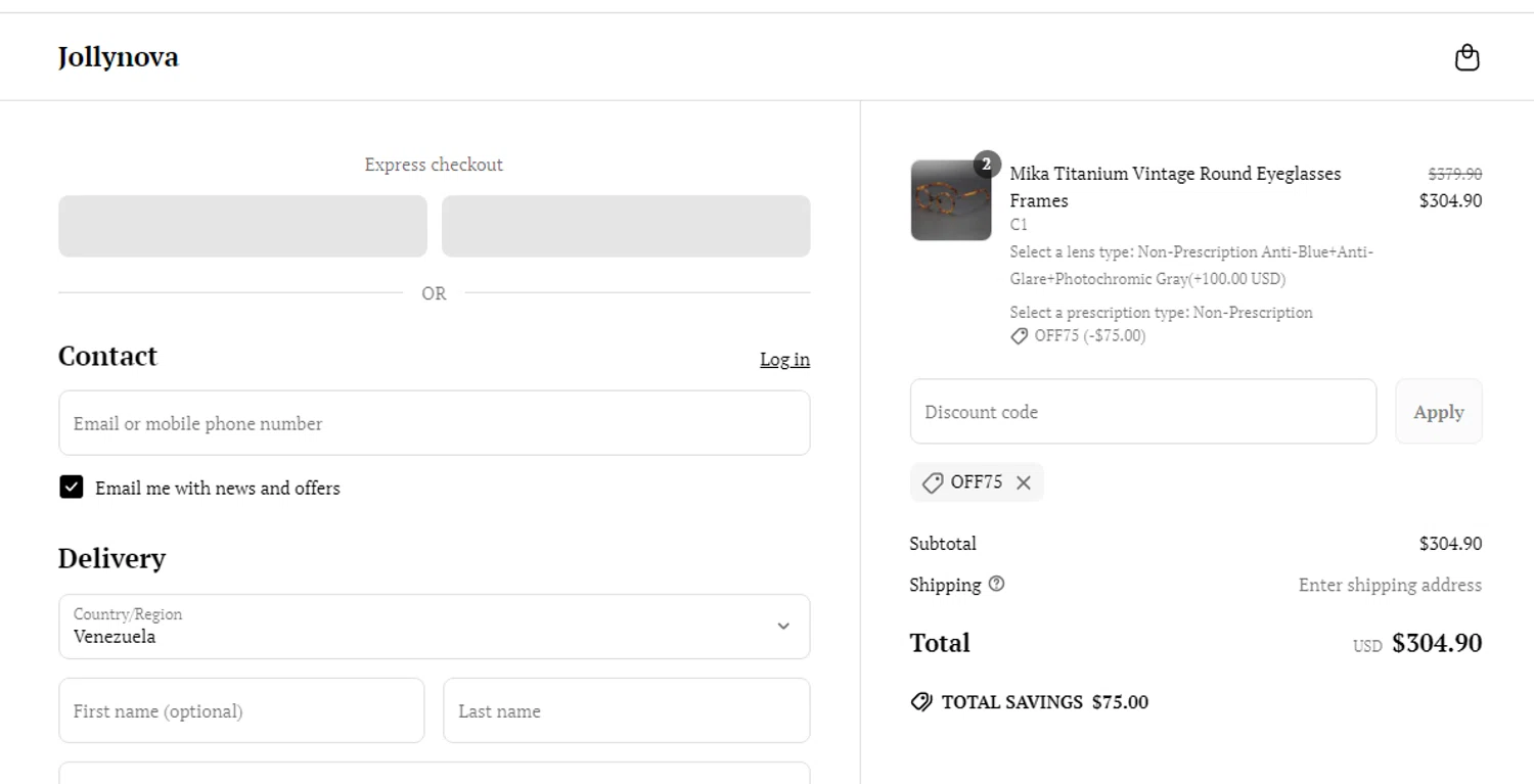 Jollynova discount code screenshot showing code OFF75 applied at Jollynova checkout page. Uploaded by SimplyCodes community member yeresojperez on May 23, 2025