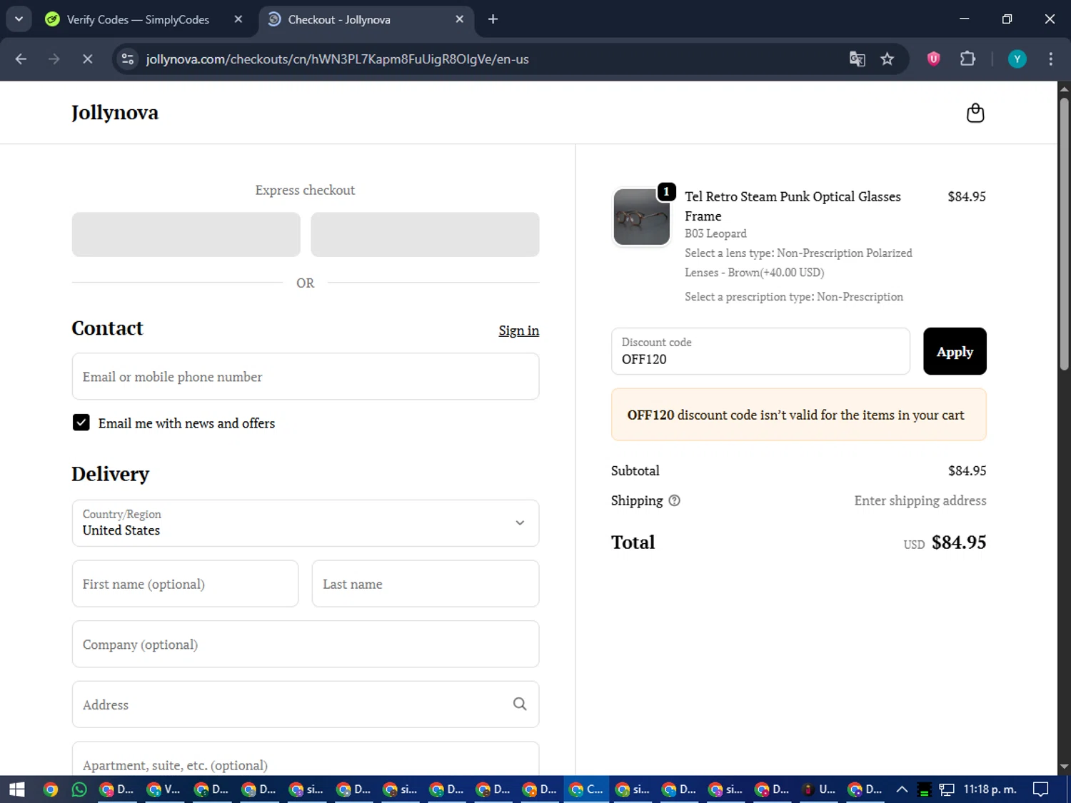 Jollynova discount code screenshot showing code OFF120 applied at Jollynova checkout page. Uploaded by SimplyCodes community member RoyalEagle4794 on Sep 26, 2025