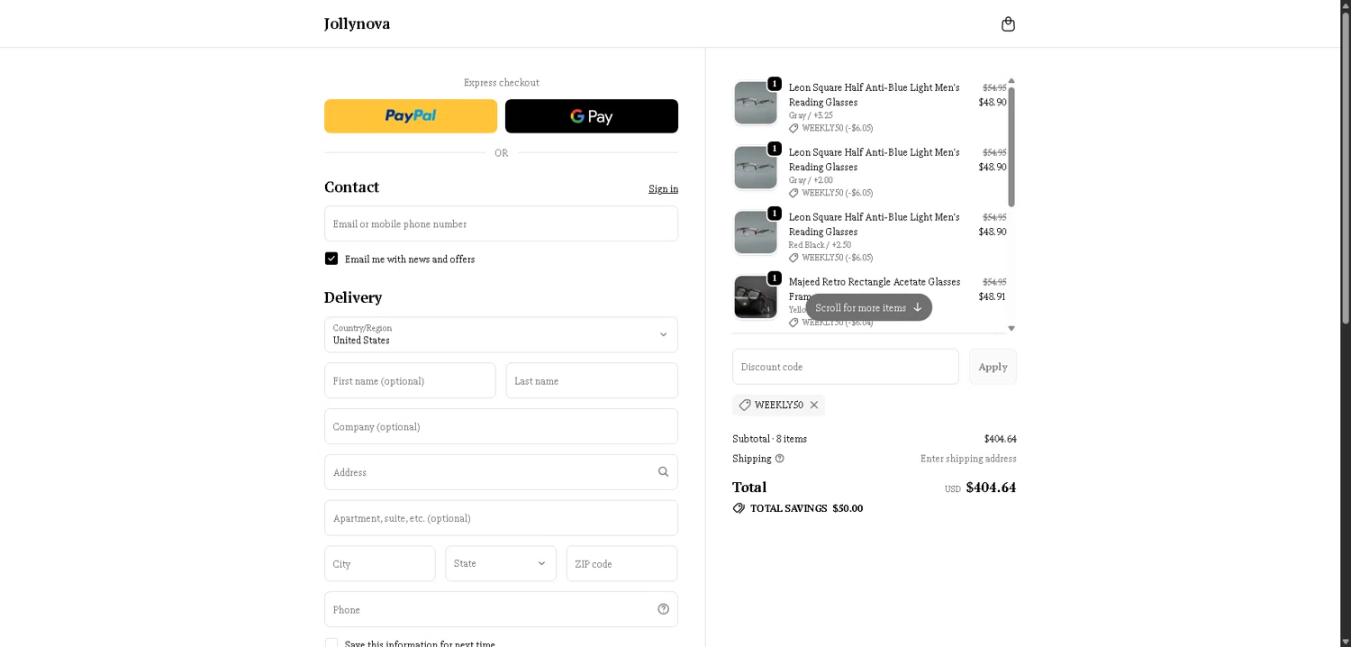 Jollynova discount code screenshot showing code Weekly50 applied at Jollynova checkout page. Uploaded by SimplyCodes community member VictoriousFinder4393 on Feb 24, 2026