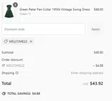 WELCOME22 coupon verification screenshot