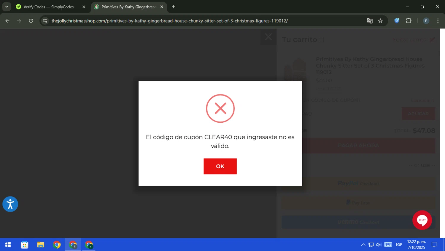 The Jolly Christmas Shop promo code screenshot showing code CLEAR40 applied at The Jolly Christmas Shop checkout page. Uploaded by SimplyCodes community member pajarito on Oct 7, 2025