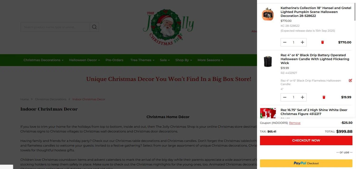 The Jolly Christmas Shop promo code screenshot showing code INDOOR15 applied at The Jolly Christmas Shop checkout page. Uploaded by SimplyCodes community member stygian1 on May 5, 2025
