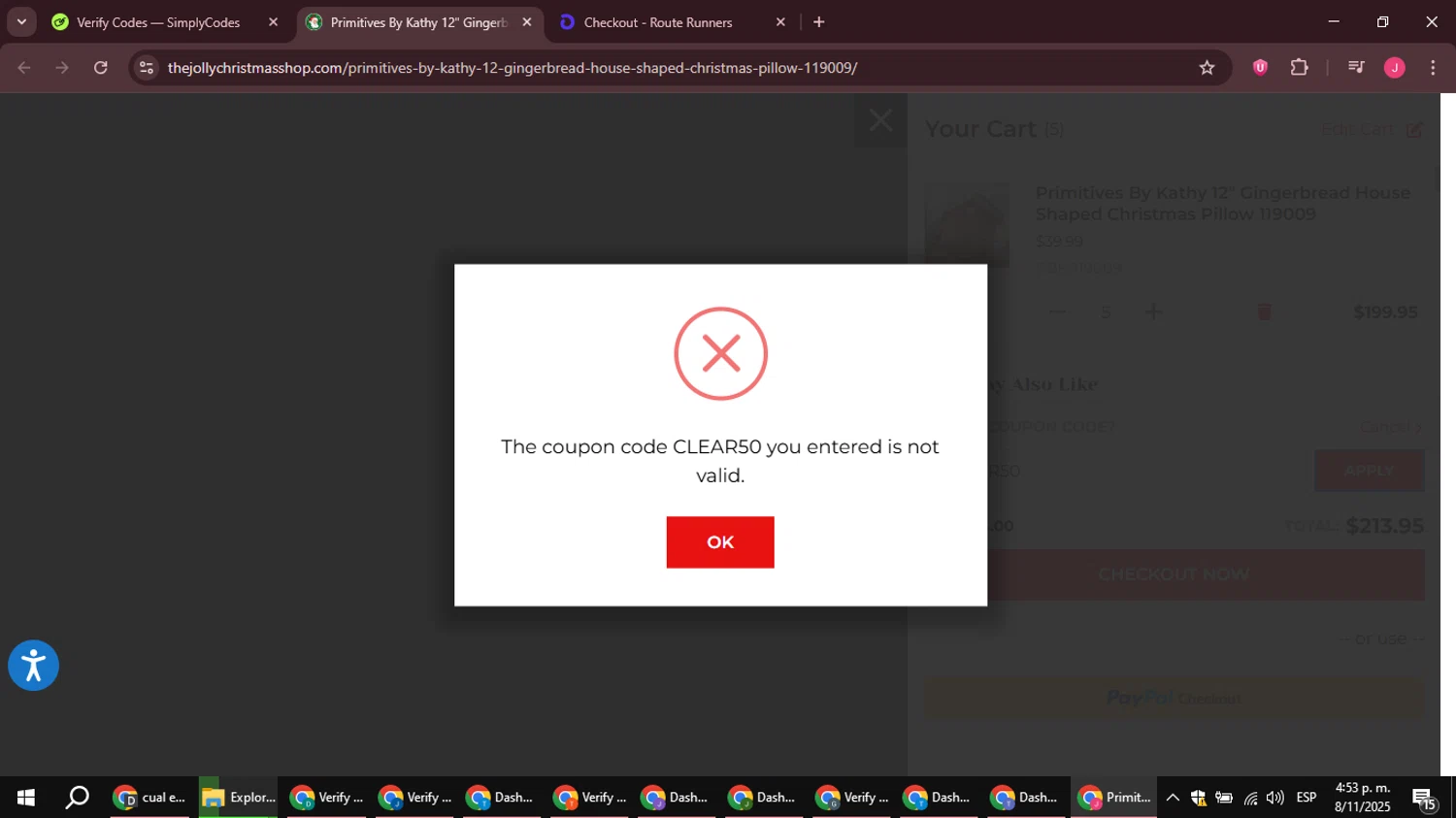 The Jolly Christmas Shop promo code screenshot showing code CLEAR50 applied at The Jolly Christmas Shop checkout page. Uploaded by SimplyCodes community member JackWilson63 on Nov 8, 2025