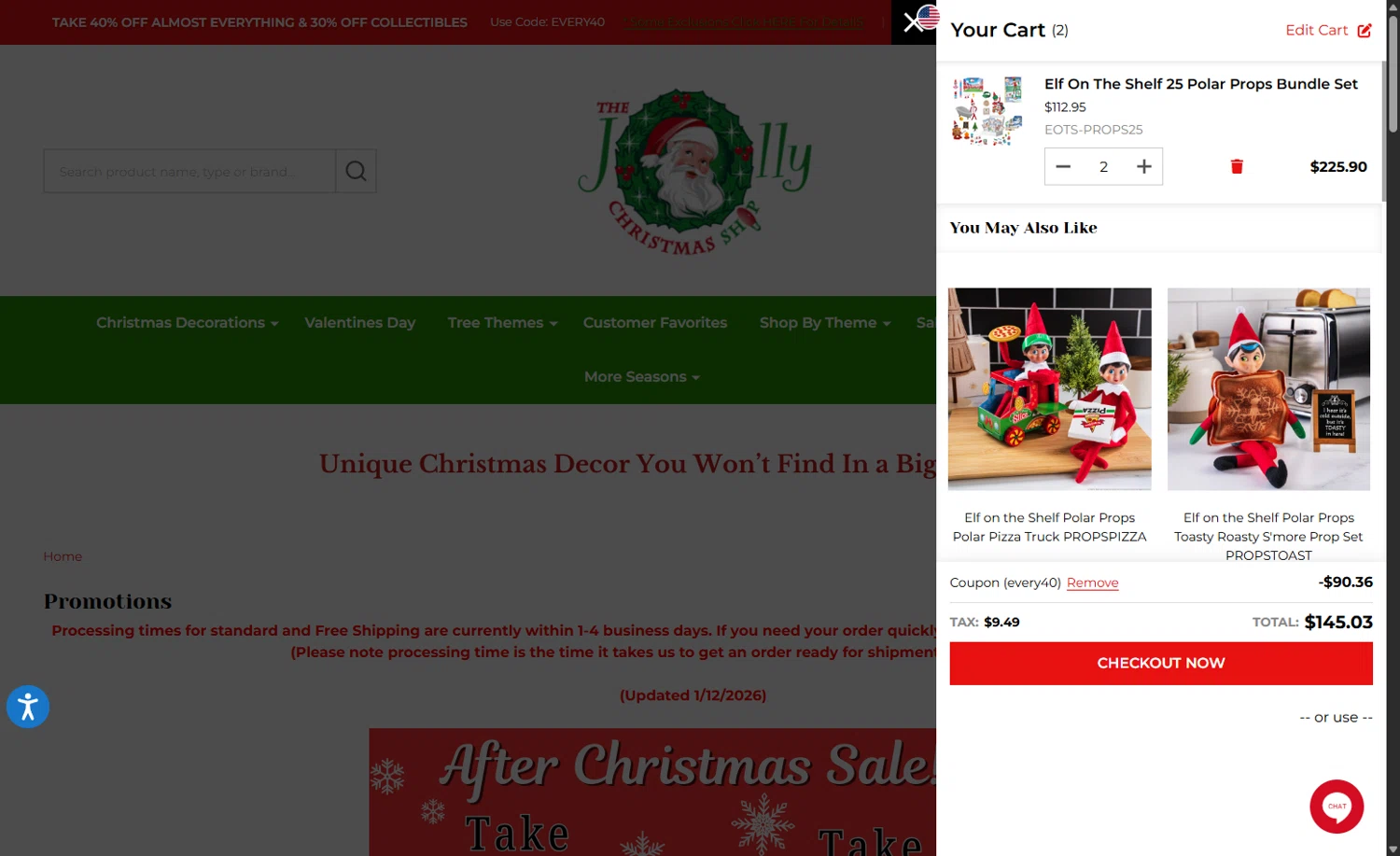 The Jolly Christmas Shop checkout page showing The Jolly Christmas Shop promo code box | Screenshot taken by SimplyCodes community member on Jan 13, 2026