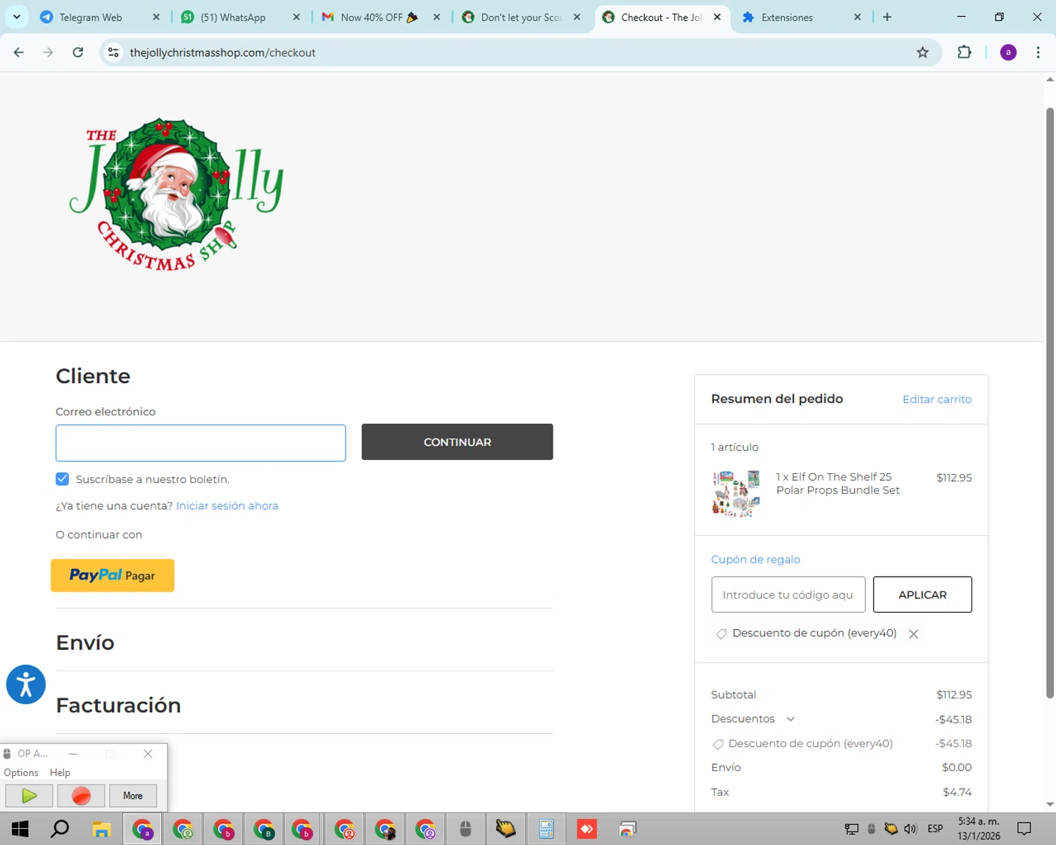 The Jolly Christmas Shop promo code screenshot showing code every40 applied at The Jolly Christmas Shop checkout page. Uploaded by SimplyCodes community member BeaMartinez on Jan 13, 2026