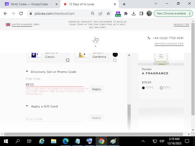 Jo Loves checkout page showing Jo Loves promo code box | Screenshot taken by SimplyCodes community member on Dec 16, 2023