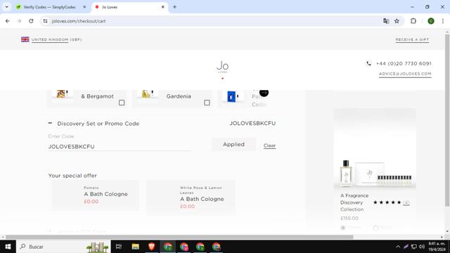 Jo Loves checkout page showing Jo Loves promo code box | Screenshot taken by SimplyCodes community member on Apr 19, 2024