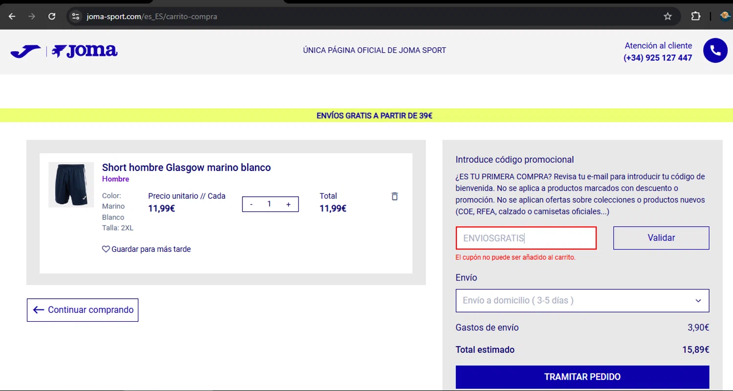 Joma discount code screenshot showing code ENVIOSGRATIS applied at Joma checkout page. Uploaded by SimplyCodes community member RoyalSpotter5217 on Jul 17, 2025