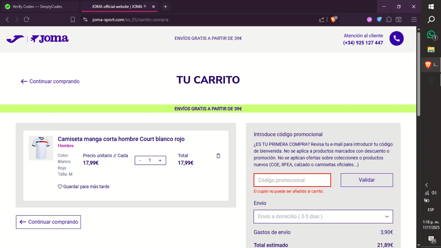 Joma discount code screenshot showing code ENVIOSGRATIS applied at Joma checkout page. Uploaded by SimplyCodes community member xXdevoragoticas69Xx on Jul 17, 2025