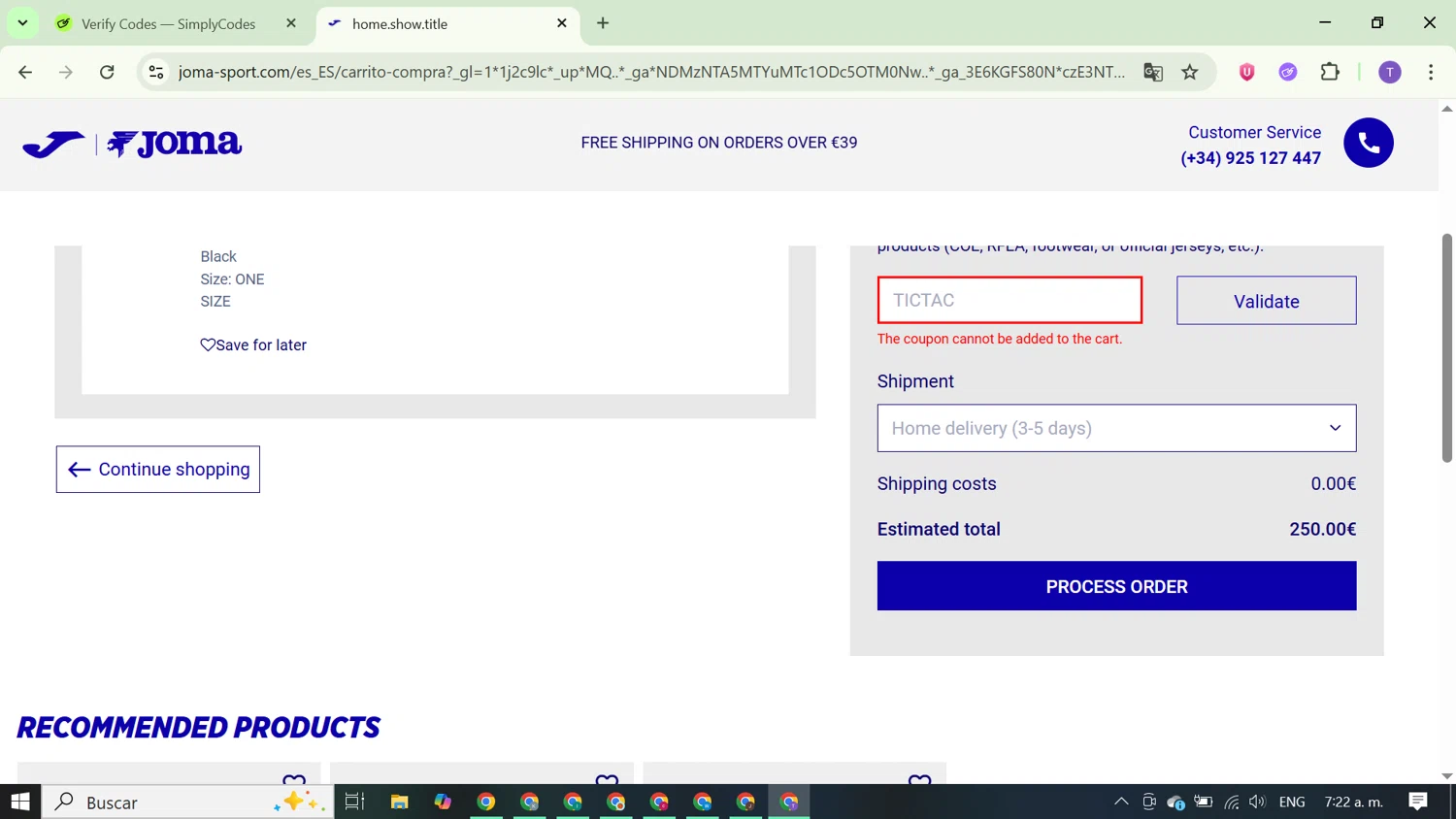 Joma discount code screenshot showing code TICTAC applied at Joma checkout page. Uploaded by SimplyCodes community member FortunateCurator5882 on Sep 25, 2025