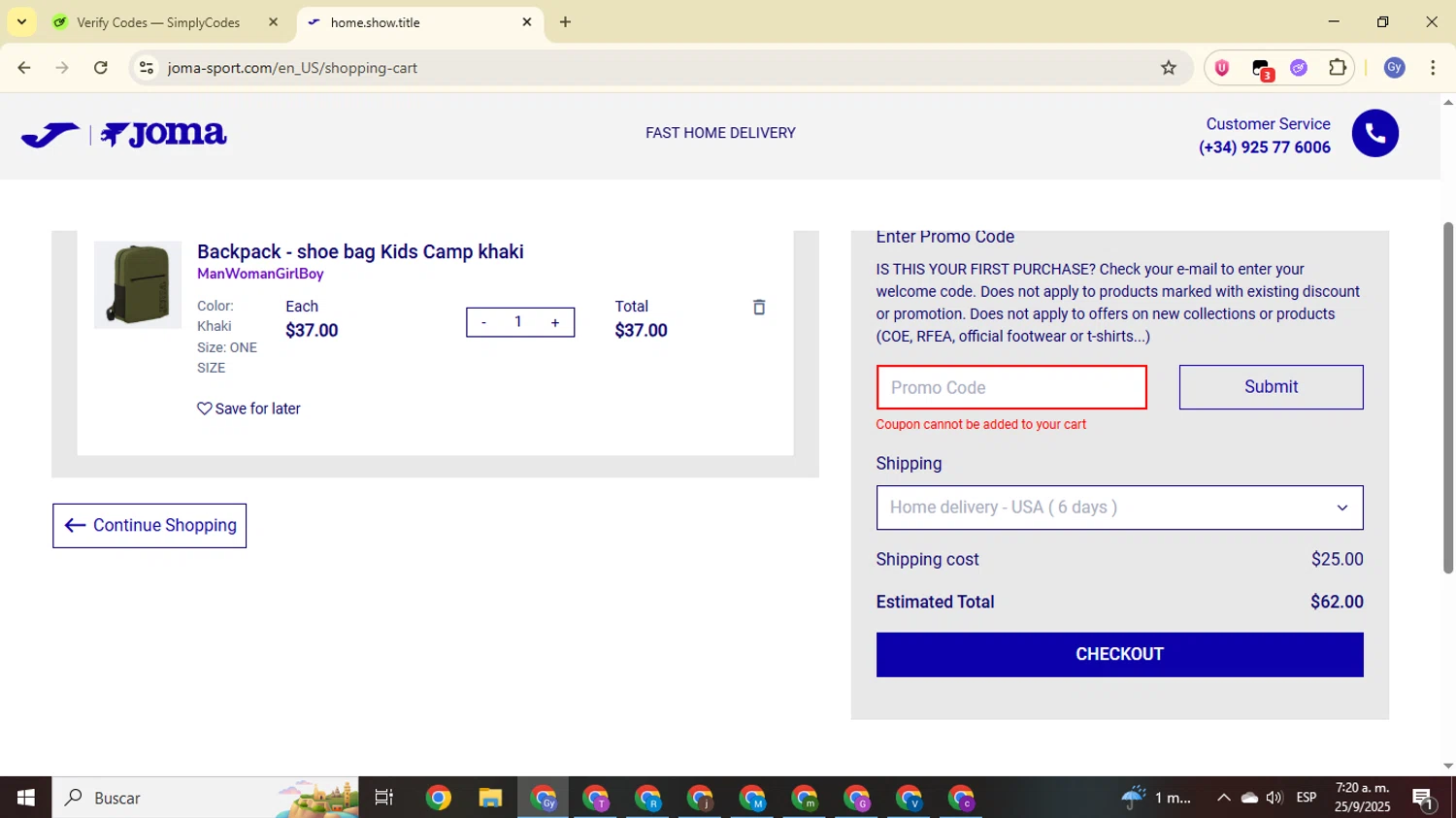 Joma discount code screenshot showing code TICTAC applied at Joma checkout page. Uploaded by SimplyCodes community member FrugalOwl962 on Sep 25, 2025