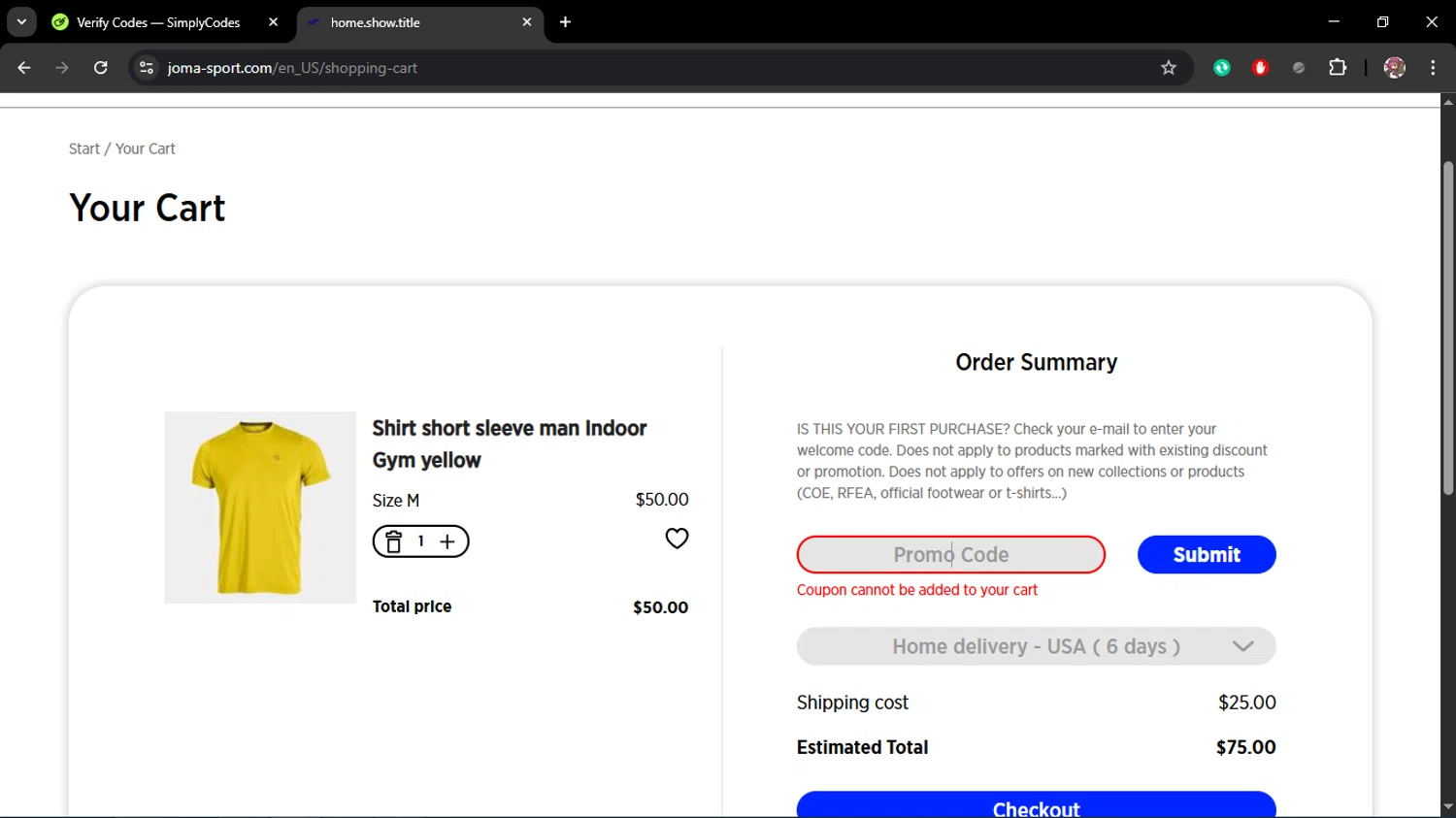 Joma discount code screenshot showing code 15GRATIS applied at Joma checkout page. Uploaded by SimplyCodes community member Juliet on Feb 23, 2026