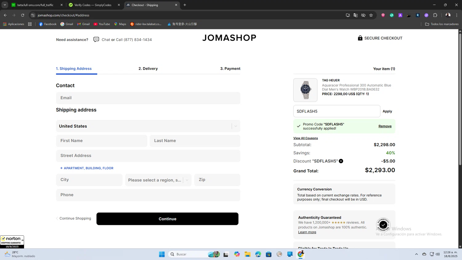 JomaShop coupon code screenshot showing code SDFLASH5 applied at JomaShop checkout page. Uploaded by SimplyCodes community member SaleScout3344 on Aug 18, 2025