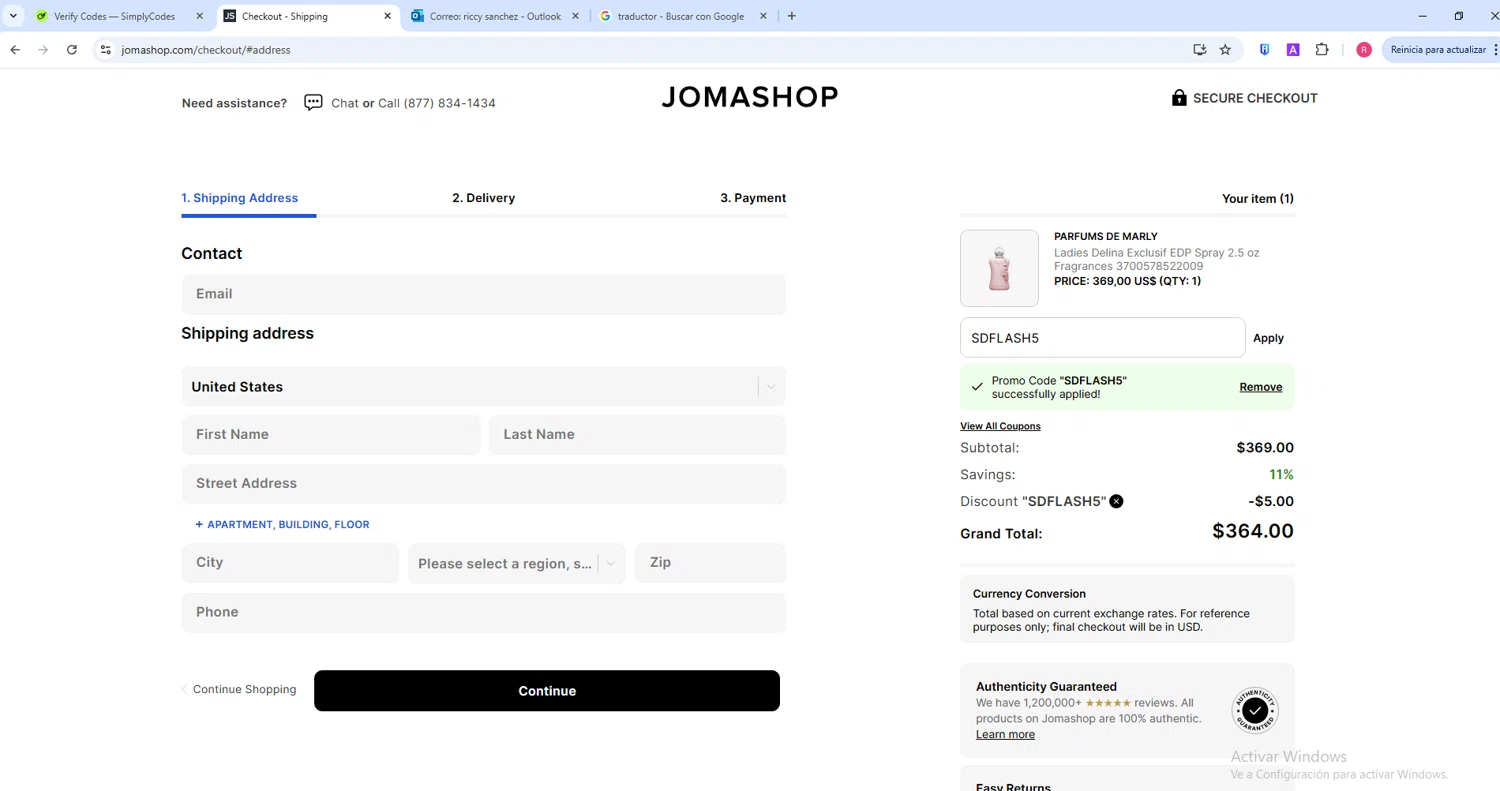 JomaShop coupon code screenshot showing code SDFLASH5 applied at JomaShop checkout page. Uploaded by SimplyCodes community member ShieldWarden5142 on Jul 29, 2025