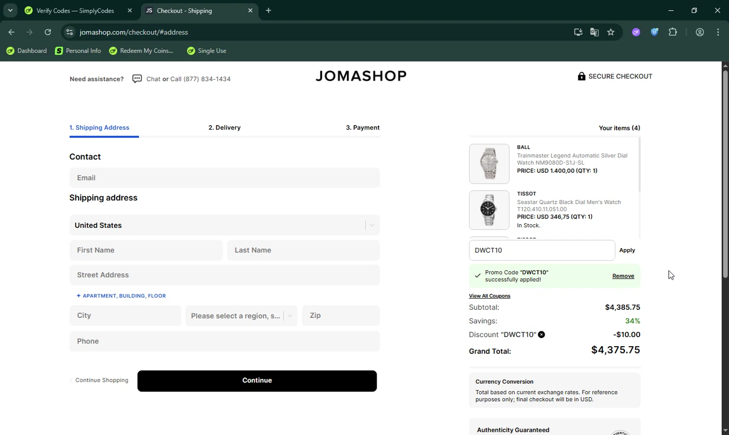 JomaShop coupon code screenshot showing code DWCT10 applied at JomaShop checkout page. Uploaded by SimplyCodes community member LHaunter on Aug 4, 2025