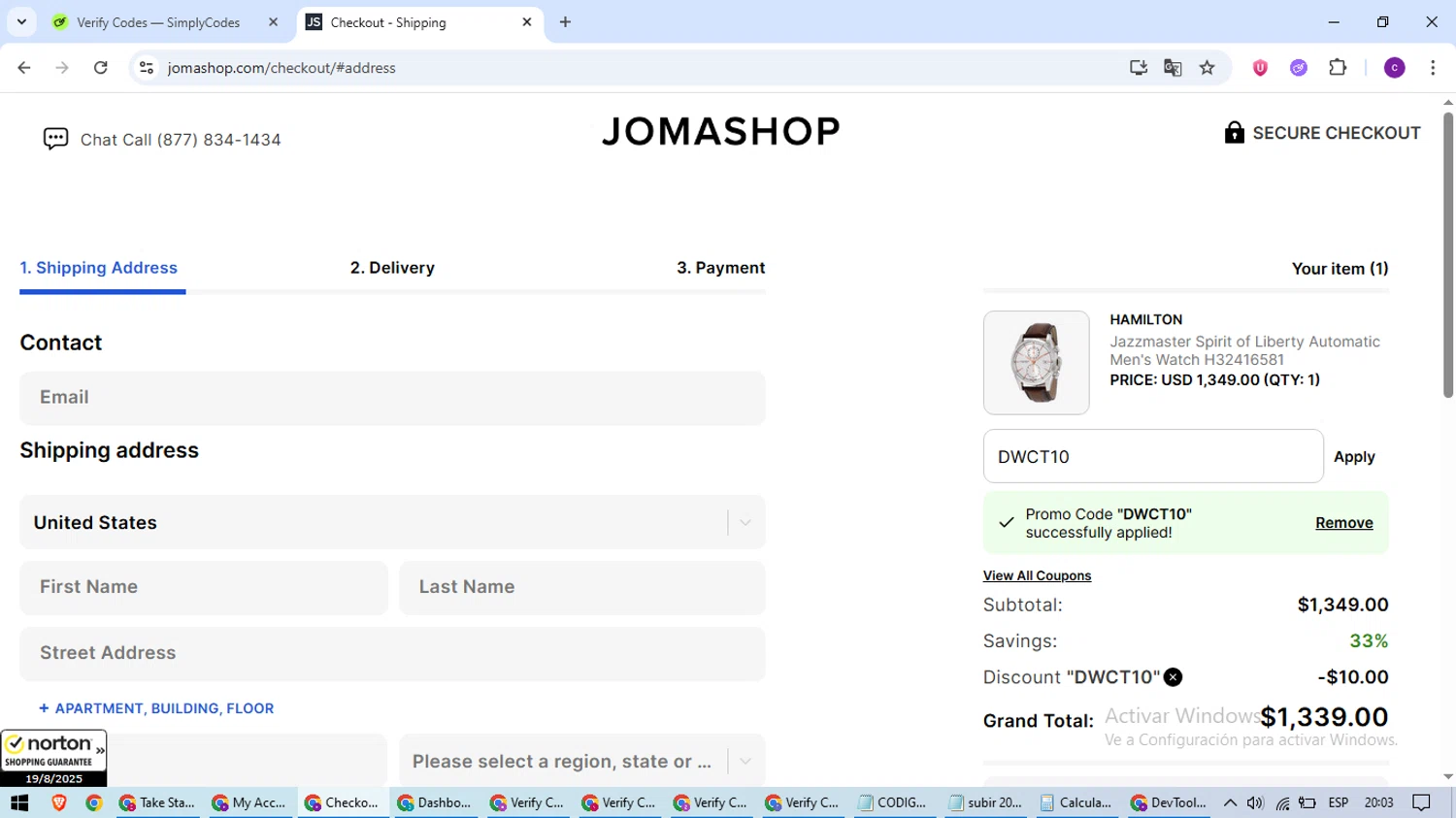 JomaShop coupon code screenshot showing code DWCT10 applied at JomaShop checkout page. Uploaded by SimplyCodes community member SavingsWarden1053 on Aug 20, 2025